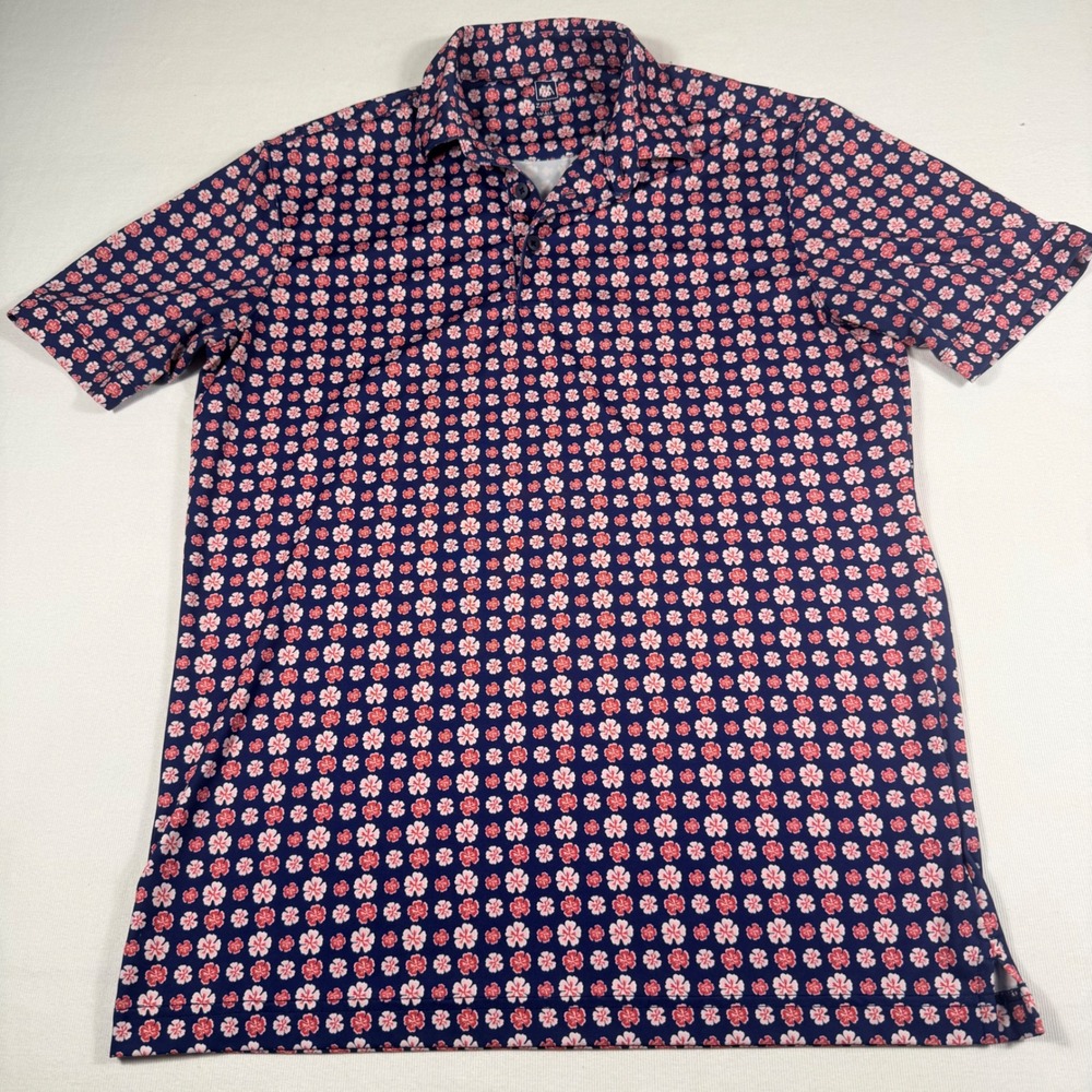 Mizzen + Main Polo Shirt S Navy Blue Floral Short Sleeve Trim Fit Performance - Picture 6 of 11